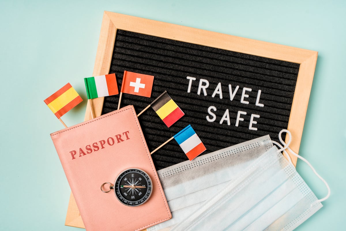 Travel safely concept. Essential travel accessories: passports, medical masks.